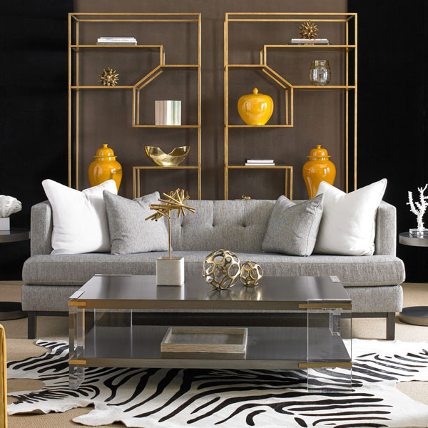 Sherrill Gray Couch with Gold Shelves in Central Ohio by Studio J